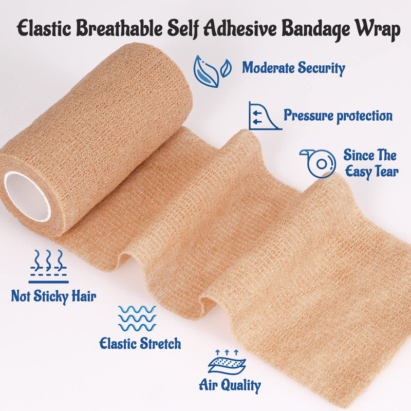 24 Pack Self Adherent Cohesive Bandage Wrap, 4” x 5 Yards Stretch Non Woven Self Adhesive Tape - Skin Colour Athletic Elastic Bandage for First Aid Medical, Sports, Ankle, Wrist Sprains Brown 4 Inch