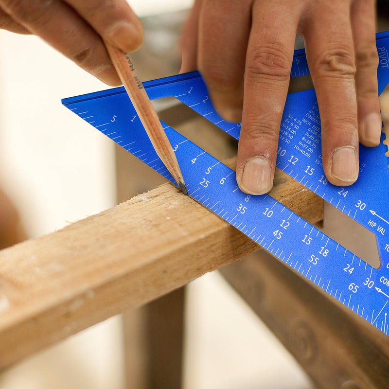 Beslands Aluminum 12 inch & 7 inch Rafter Square Carpenter Set Measuring Layout Tool Alloy Metal Triangle Ruler Protractor for Woodworking and Carpentry Imperial, Blue 7" + 12" - Set