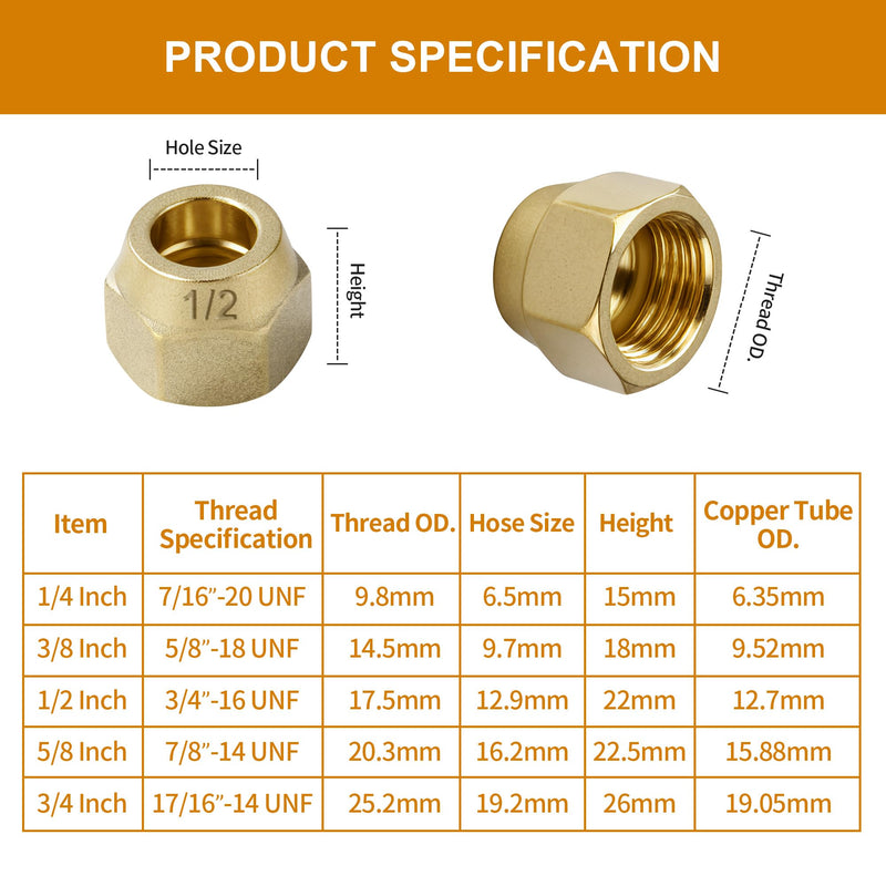 [Australia - AusPower] - Premium Brass Flare Nut Set - SAE 45° Flare Tube Fittings for Air Conditioning & Copper Pipe Extension Butt (5/8", 5 Pack) 5/8in 