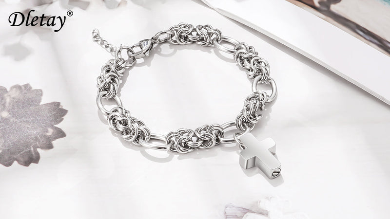 Dletay Urn Bracelet for Ashes - Cremation Jewelry Cross Memorial Bracelet - Stainless Steel for Women Men