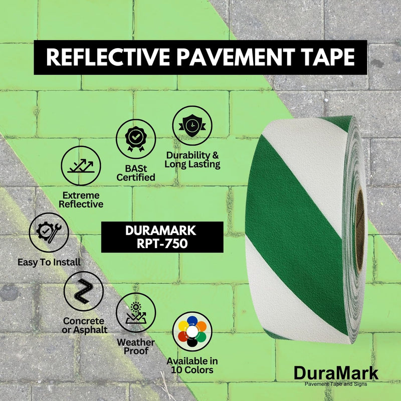 DuraMark RPT-750 Hazard Safety Warning Stripe Tape, Outdoor Heavy Duty Rubber Base Safety Tape, Reflective Slip Resistant Pavement Marking Adhesive Tape for Hazardous Areas (Green & White, 2" x 18') 2 Inch x 18 Ft Green/White