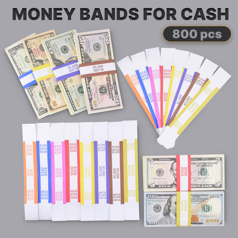 Queensell Pack of 800 Money Bands for Cash, Currency Straps, Money Straps for Bills, Cash Bands, Dollar Bill Wrappers to Organize Cash - Self-Adhesive Money Band, 8 Colors - 100 of Each Denomination Pack of 800 - 100 of Each