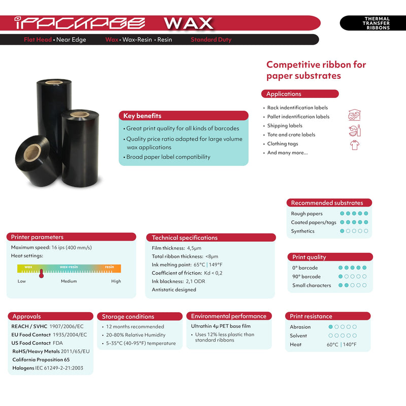 Thermal Transfer Wax Ribbon 4.33" x 1476' (110mm x 450m) 1 roll | Industrial Barcode & Shipping Label Printing | Zebra, TSC, GoDex, Citizen Compatible | 1" Core, Ink Out (450m)