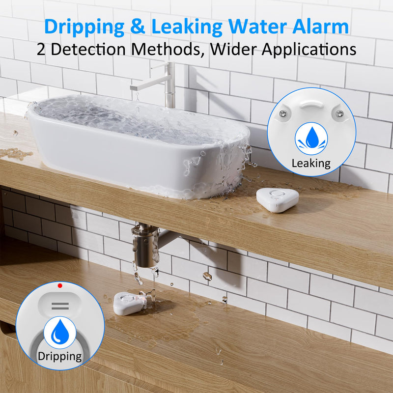 Smart Water Leak Detectors for Home WiFi with App Alerts, Stechro Ajustable 120dB Water Sensor Alarm Leak Detector for Basements Sink Kitchen Laundry, 4 Water Sensors & 1 Gateway 4 Upgraded Sensor&1 Wifi Gateway White