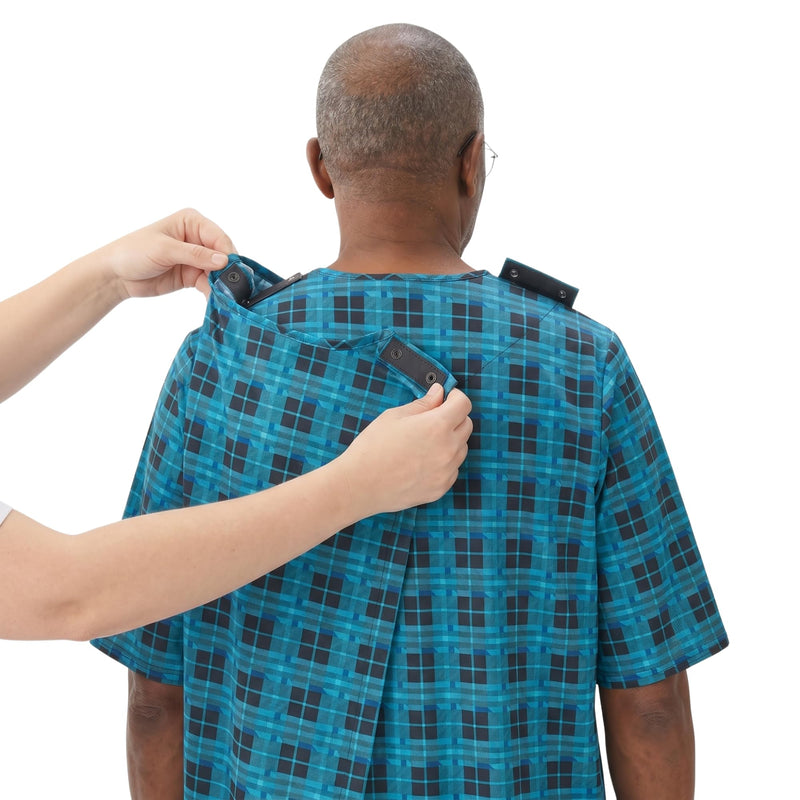 Silverts Men's Adaptive Open Back Flannel Gown, Assisted Dressing Nightgown | For elderly, nursing home & recovery wear, snap shoulders, warm cotton flannel Small Plaid Shirting