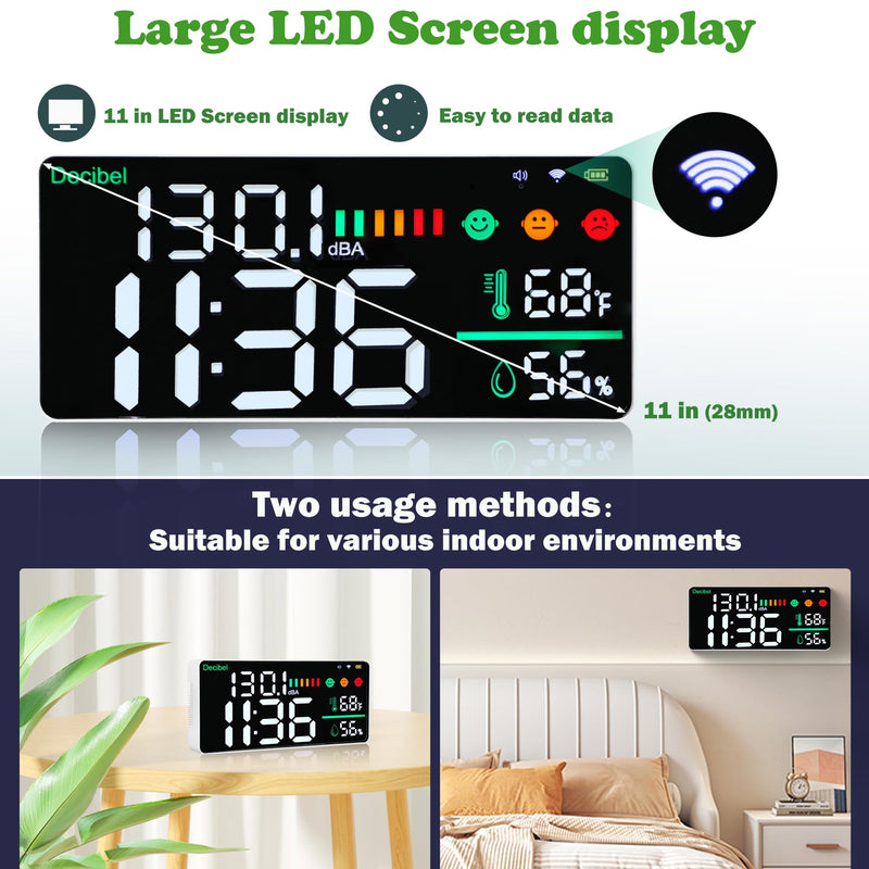 [Australia - AusPower] - Decibel Meter Wall Mounted Hanging and Desktop Sound Level Meter, 11 inch LED Large Display WiFi Noise Meter Decibel Time Temperature Humidity Meter with Alarm Icons Indicator for Classroom, Home 5-in-1 Noise Monitor 