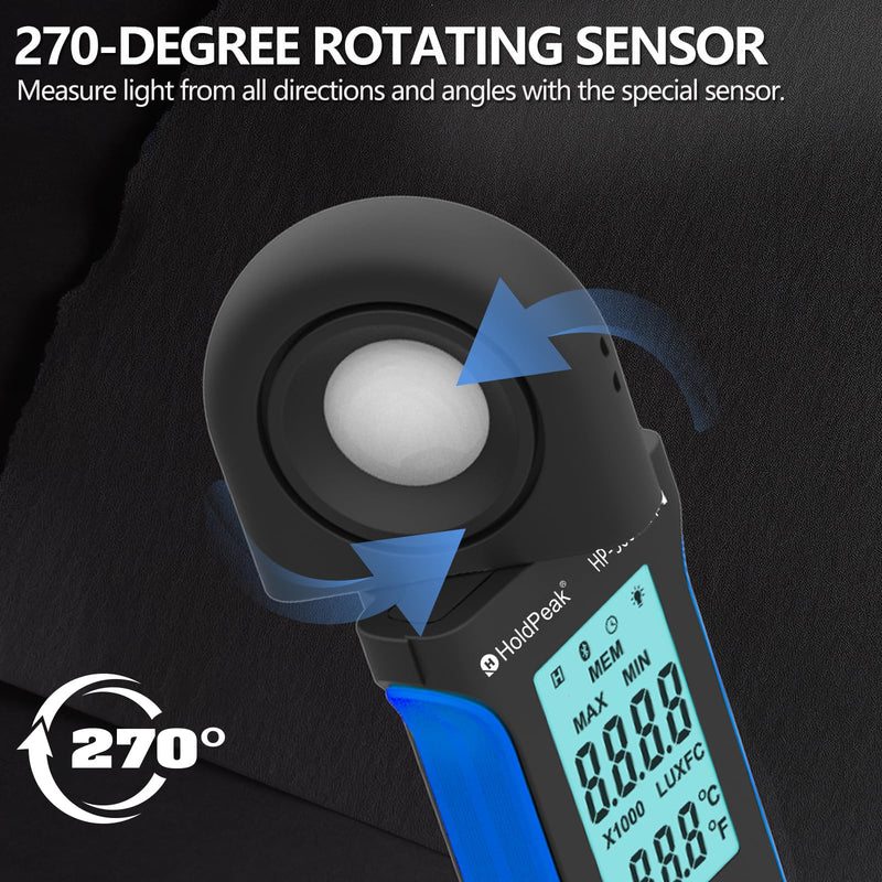 HoldPeak Illuminance Light Meter with Bluetooth, Digital Lux Foot Candles Meter 0.1~400,000 Lux with 270º Rotating Sensor, Lumen Meter Luxmeter for Plants, Car Headlights, Home & Office LEDs 5000APP-with APP Function