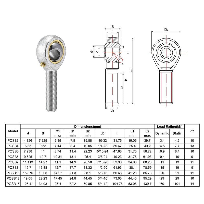 [Australia - AusPower] - uxcell POSB6 Rod End Bearings 3/8-inch Bore Pre-lubricated Bearings 3/8-24 Male Thread Left Hand 2pcs 3/8" 