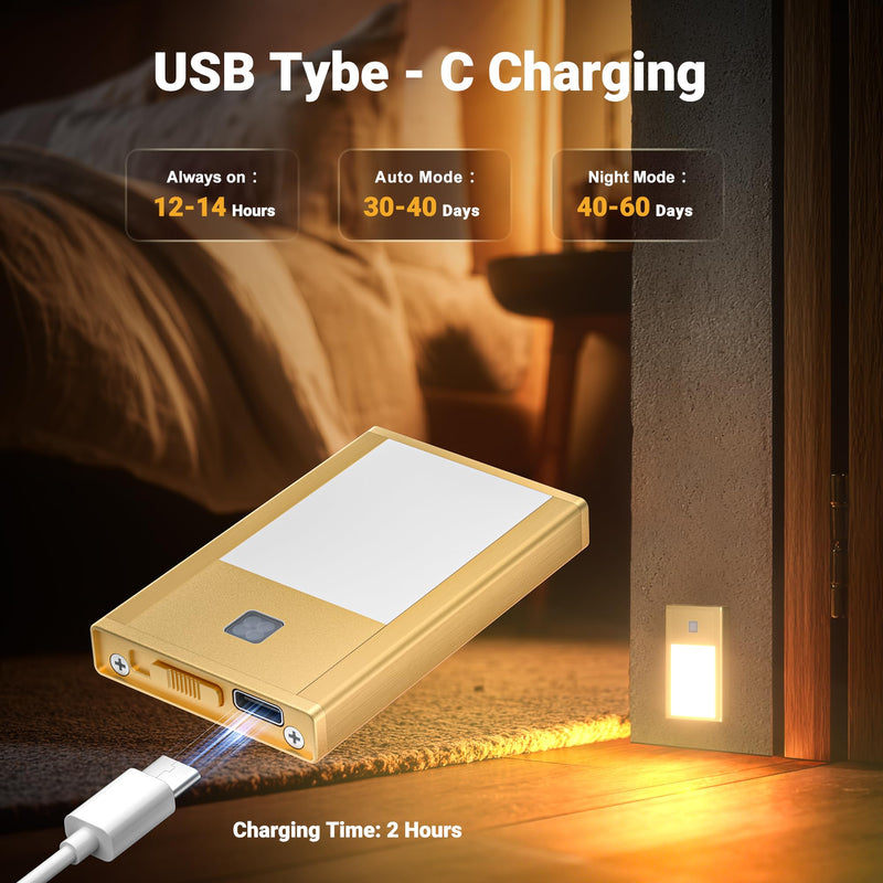 V4light Rechargeable Motion Sensor Night Lights, Ultra-Thin LED Stair Lighting for Safe Night Walking, Brushed Gold Aluminum Alloy, Magnetic Mount, 3000K Warm White Light, Ideal for Hallways & Stairs 4Pack