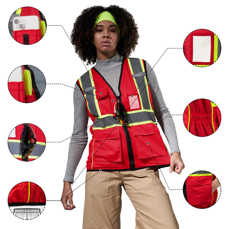 AYKRM 11 color Ladies High Vis Reflective Safety Vest for Women X-Small Red