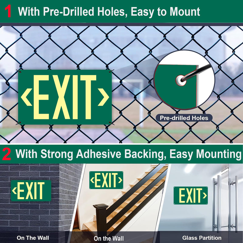 1Pack Photoluminescent Exit Sign Green - Aluminum -14.25"x 7.5" Glow In The Dark Adhesive Backing- Includes 2pcs Removable Arrows- Non Electrical Green Exit Light Green-Metal-1Pack