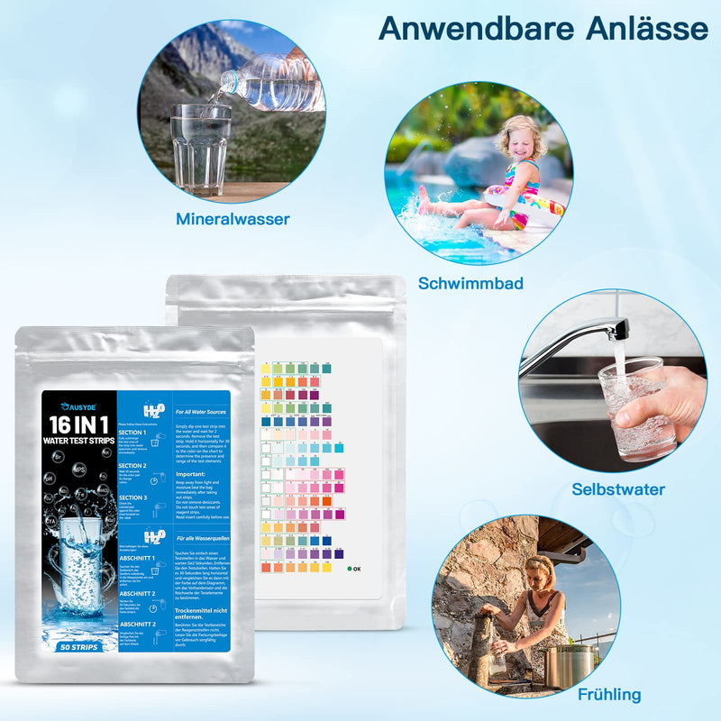 [Australia - AusPower] - 16-in-1 Water Tester Drinking Water, Pack of 50 Water Hardness Measure Water Test Strips for Drinking Water, Water Hardness Test Strips for Total Hardness, Free Chlorine, Iron, Copper, Lead, Nitrate 