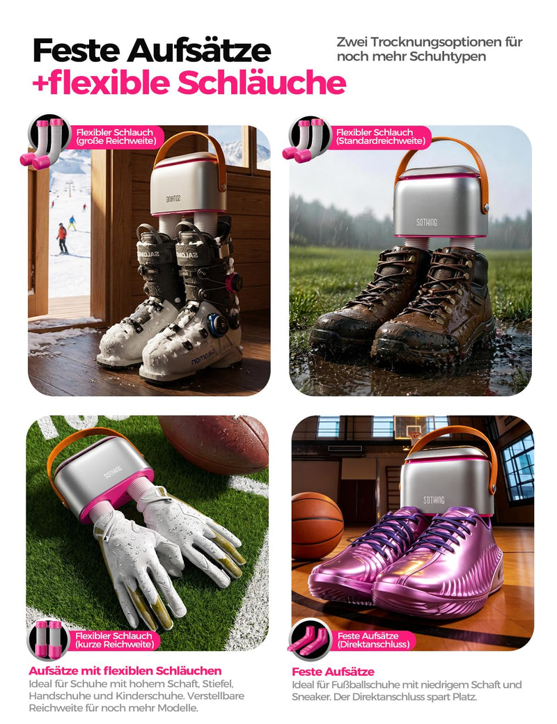 SOTHING Electric Ozone Shoe Dryer for Football Boots | 360° airflow football boots, flex tubes, ski boots, ozone odor mode, 3 levels, 1-9 H timer, includes storage bag