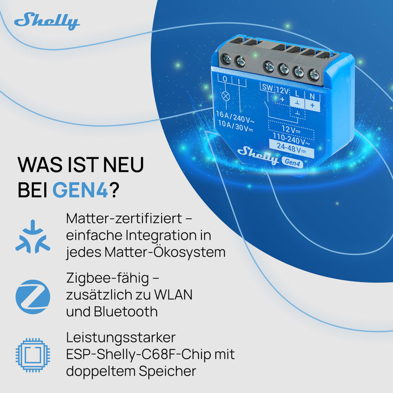 Shelly 1 Gen4 WLAN Smart Relay Switch, Potential-Free Contact, 1 Channel, 16 A, Light Switch, Garage Door Opener, Smart Home, Timer Switch, Alexa & Google, Matter, Zigbee, No Hub Required Shelly 1 Gen4 1 Stück