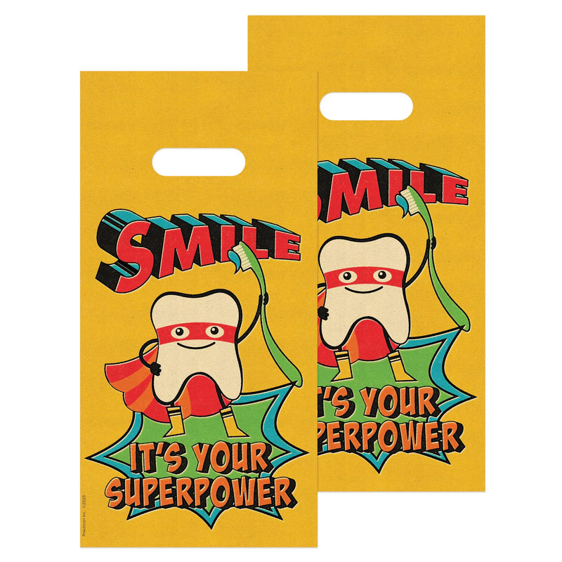 [Australia - AusPower] - Practicon Smile Superpower 6" x 12" Dental Giveaway Bag, Dental Hygiene Patient Care Goodie Bag, Dentist Office Plastic Gift Bags, 100 Pack 6" x 12" 