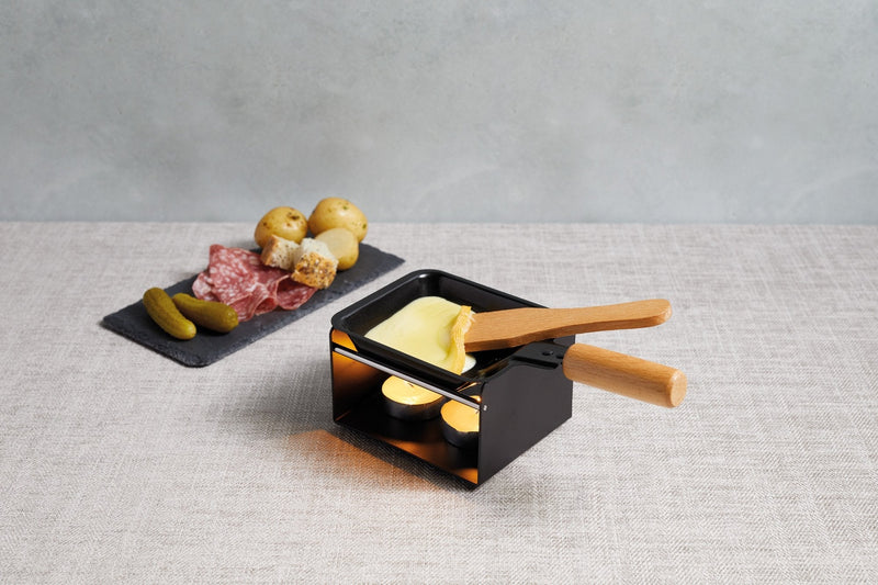 Artesà Mini Raclette Grill Cheese Individual Set for 2, Small Iron Cheese Fondue Melter, Metal Rack with Non Stick Pan, Wooden Spatula and 2 Candles Mini Raclette Grill Set