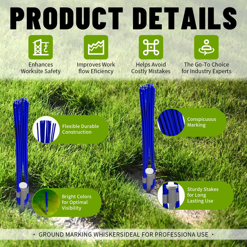 Ground Marking Whisker, Property Line Markers 6 Inch Whiskers with Metal Stakes for Playing Field Markers, Survey Markers, Construction Markers, Trail Markers, Driveway Markers(Blue, 25 Pack) Blue