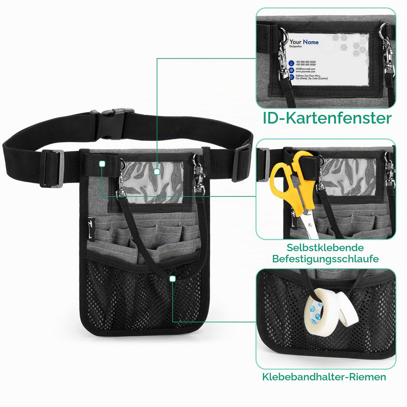 Trunab Nurse Belt Bag with Multiple Compartments, Grey | Organiser for medical accessories such as scissors, tape, stethoscope, thermometer, nursing bag Gray