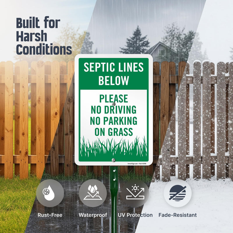 SmartSign 10 x 7 inch “Septic Lines Below - Please No Driving No Parking On Grass” LawnPuppy Yard Sign and 18 inch Stake Kit, 40 mil Laminated Rustproof Aluminum, Green and White, Set of 1