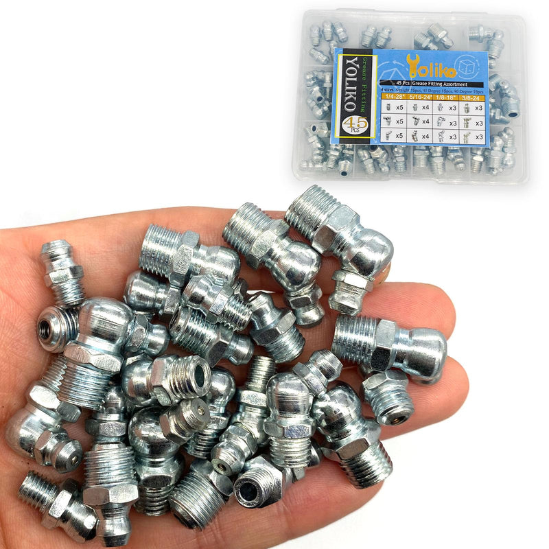 [Australia - AusPower] - 1/4"-3/8" 45Pcs 4 Sizes Grease Fitting Assortment Straight 45 90 Degree Grease Zerk Fittings,Galvanized Steel Grease Fittings and grease gun tips for Industrial/Agricultural Machinery 4Size-45Pcs 