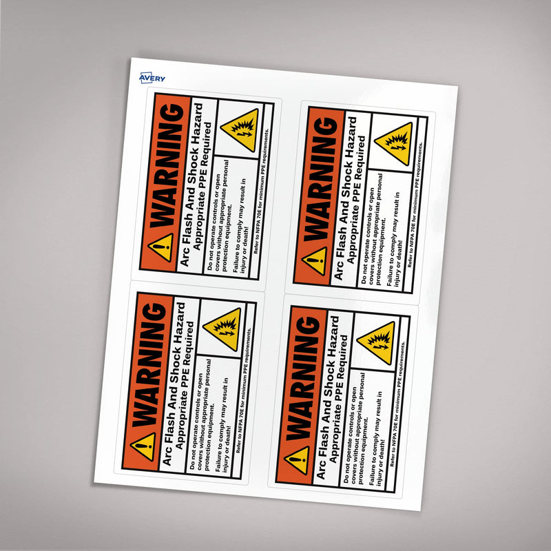 Avery Arc Flash/Shock Warning Labels, Waterproof, UV Resistant, Preprinted, 3.5" x 5", 40 Warning Decal Labels 3.5" x 5" 40 Labels