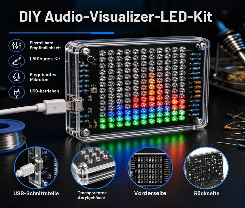 Audio Visualizer Electronic Kit DIY Kit, LED Light Musical Spectrum Electronic Kit, Soldering Kit with Components, Circuit Board, Housing, Audio Level Display for Electronic Enthusiasts, USB Powered