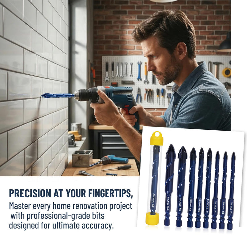 Upgraded SONCHIE Serrated Masonry Drill Bit Set - 1/4 to 9/16 Inch 8-Piece Set Industrial & HouseholdDrill Bit Set for Concrete/Tile/Glass/Brick/Ceramic/Plastic/Wood Blue Diamond 8-Pack