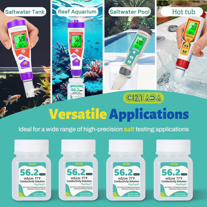 [Australia - AusPower] - 56.2 mS/cm Calibration Solution Kit, 4-Pack 35.0ppt Conductivity Standard Calibration Solution 50 ml for Aquarium Salinity Tester, Pool Salt Tester, Hydroponics EC PPM Meter 