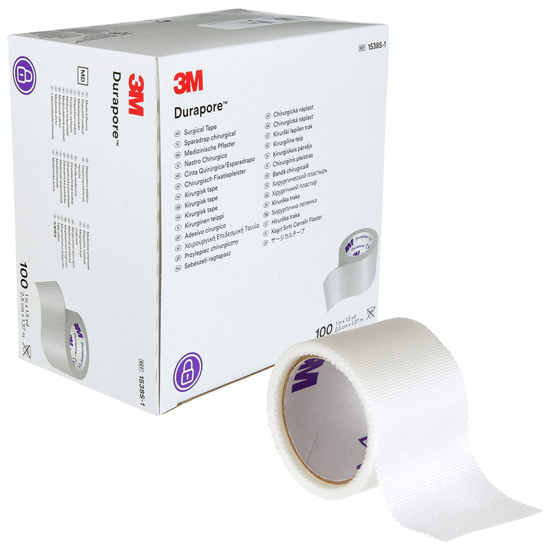 3M Durapore Surgical Tape 1" x 1.5 Yd 1538S-1, 1 Box, 100 Rolls/Box 1 in x 1.5 yd (2.5 cm x 1.37 m)