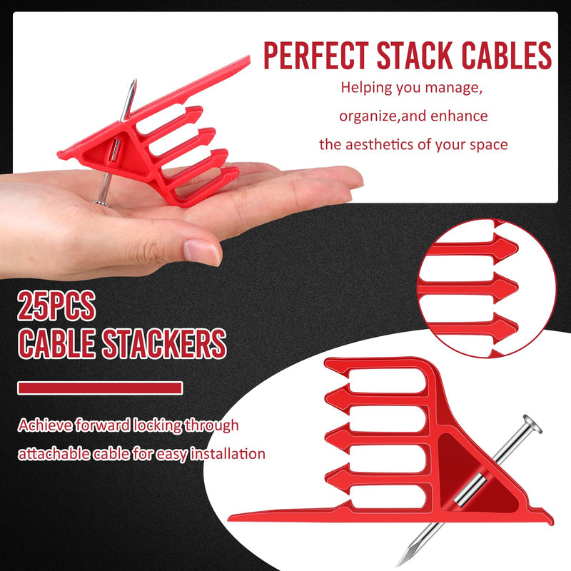 [Australia - AusPower] - 25 Pcs Cable Stackers Electrical Cable Staples Wire Stackers Insulated Multi Cable Staple Sort out Electric Cables Efficient Cable Organization for Various Quantities of Cables (Red) 25 
