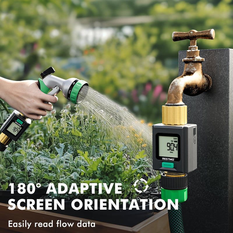 [Australia - AusPower] - RESTMO Smart Water Flow Meter with Screen Backlight, Brass Inlet & Outlet, Measuring Gallon/Liter Consumption & Flow Rate for Garden Watering, RV Filling, Sprinklers & Nozzle - APP Control Bluetooth Connection 