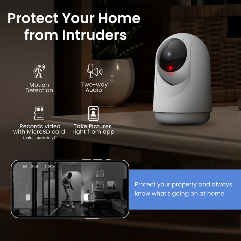 Feit Electric Indoor Security Camera with Motion Detection, 30ft. Night Vision, Pan and Tilt Head, 2.4GHz WiFi, 2-Way Audio, 1080p HD, Works with Alexa & Google Asst, Plug-in, White, CAM/PAN/WiFi/G2 PLUG-IN DESK CAMERA