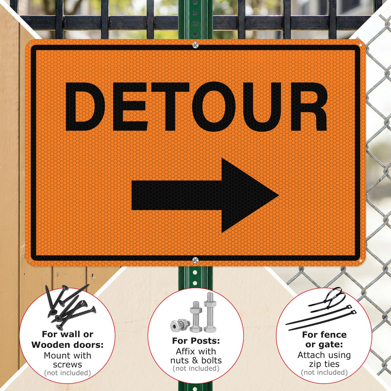 2 Pack Detour Sign with Right Arrow 12 x 18 Inch Reflective Aluminum Traffic Signs Rust-Free Waterproof Road Barricade Signs for Construction Zones Parking Lots Driveways Orange-Right Arrow