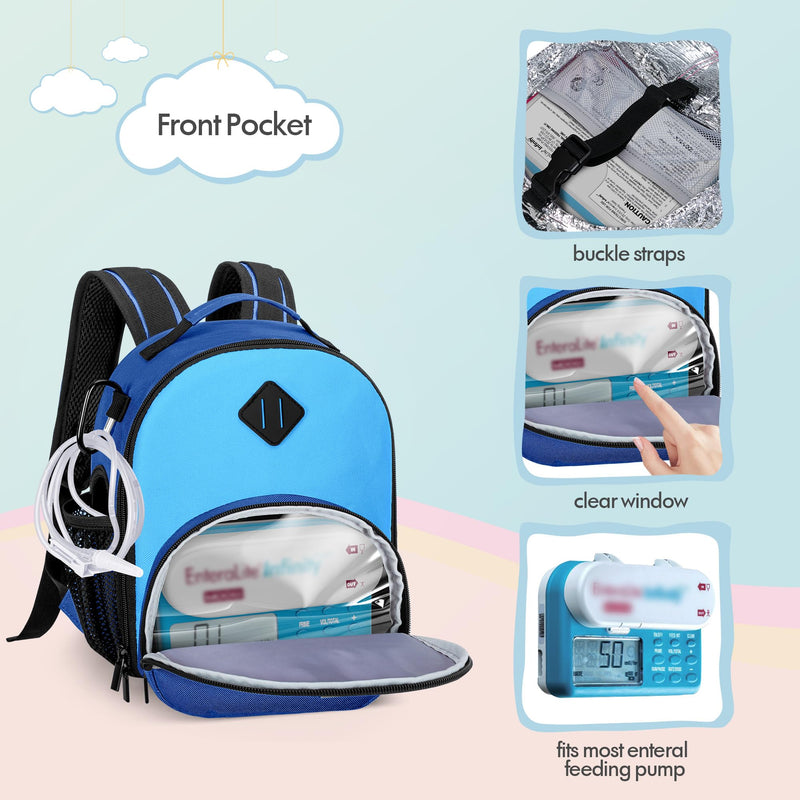 [Australia - AusPower] - LUXJA Feeding Tube Backpack for G Tube, J Tube and GJ Tube, Feeding Pump Backpack Fits 500ml Feeding Bag and Enteral Feeding Pump (Compatible with EnteraLite Infinity and Kangaroo Joey), Blue 