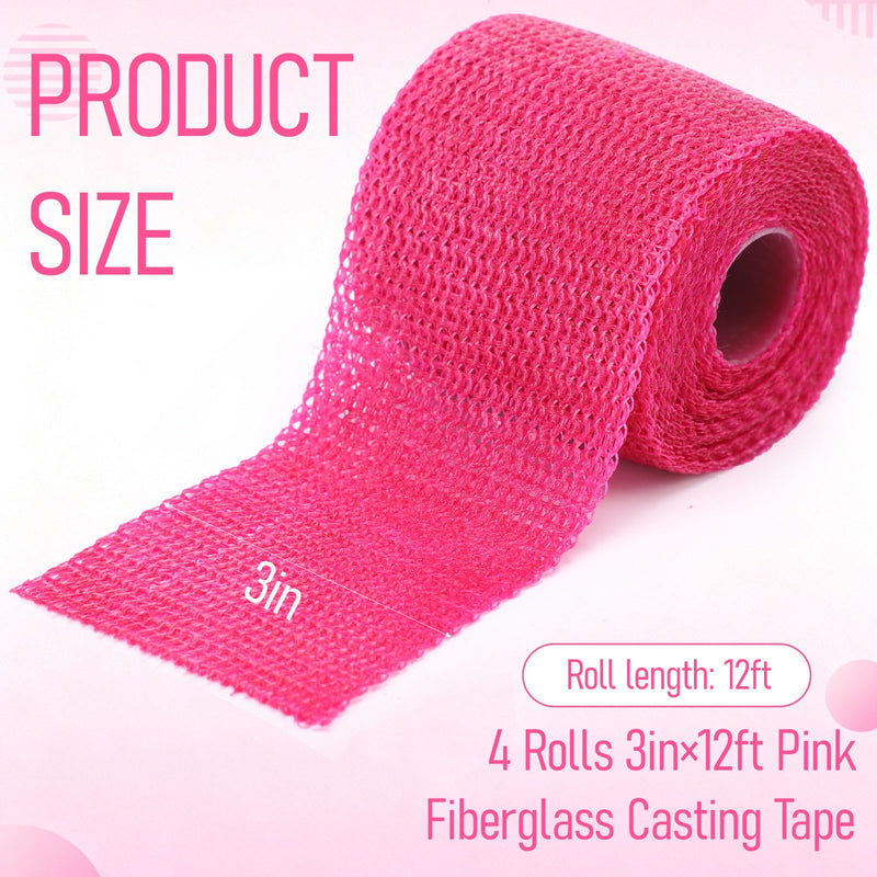 Geiserailie Fiberglass Casting Tape 3 Inch x 12 ft, 4 Rolls Bright Pink Lightweight, Breathable Support Foot Cast Tape for Injury Stabilization, Quick-Setting and Water-Resistant Rose Red