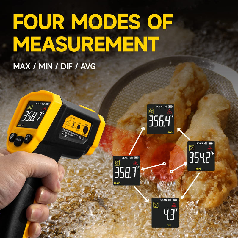 [Australia - AusPower] - Infrared Thermometer -58°F ~1832°F(-50°C ~ 1000°C), Temperature Gun for Cooking, Laser IR Surface Tool for Pizza Oven, Meat, Engine, Accessories, with 3 Adjustable Emissivity Max Min Avg Measure Yellow+Black 
