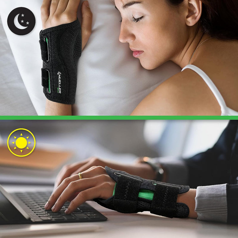 MUELLER Sports Medicine Green Fitted Wrist Brace, Wrist Pain Relief Support for Men and Women, Ideal for Carpal Tunnel, Tendinitis, Arthritis, Right Hand, Black Small/Medium (Pack of 1)