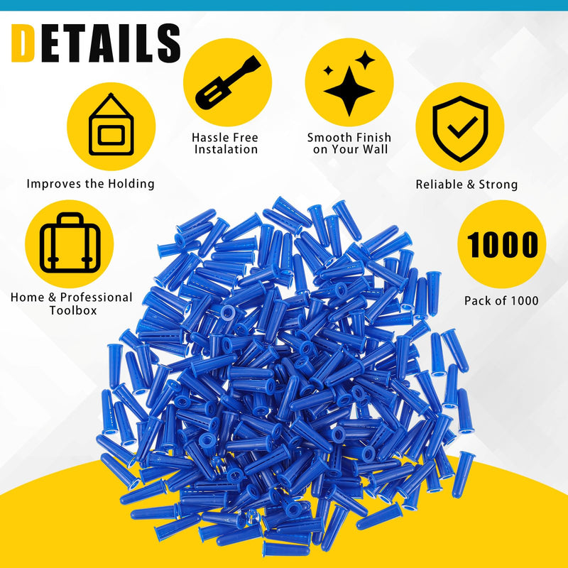 Glooglitter 1000 Pcs 10-12 x 1 Inch Plastic Wall Anchors Blue Ribbed Drywall Conical Anchors for Hollow Walls Concrete Brick Masonry Furniture Pictures Artwork Decor Light Duty Anchoring Application
