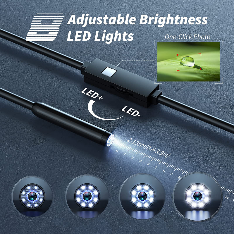 [Australia - AusPower] - Endoscope Camera with Light, 1920P HD Borescope Tools with 8 Adjustable LED Lights, Endoscope with 16.4ft Semi-Rigid Snake Camera, 7.9mm IP67 Waterproof Inspection Camera for iOS (Black) 