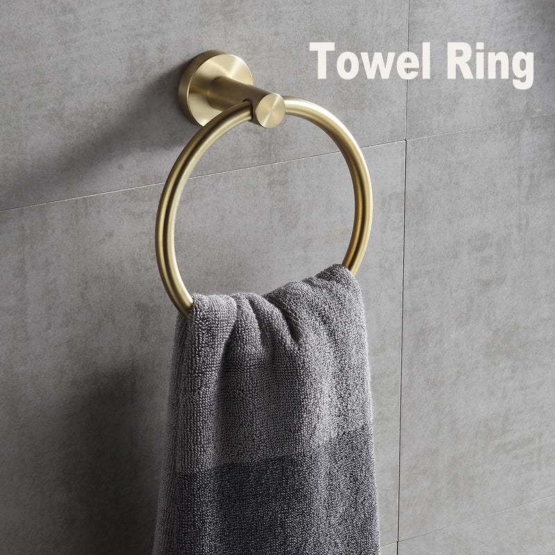 4 PCS Bathroom Hardware Set，Brushed Gold SUS304 Stainless Steel Wall Mounted Bathroom Accessories Gold Kit Include Hand Towel Ring,Brushed Gold Toilet Paper Holder,and 2 Robe Towel Hooks Brushed Gold