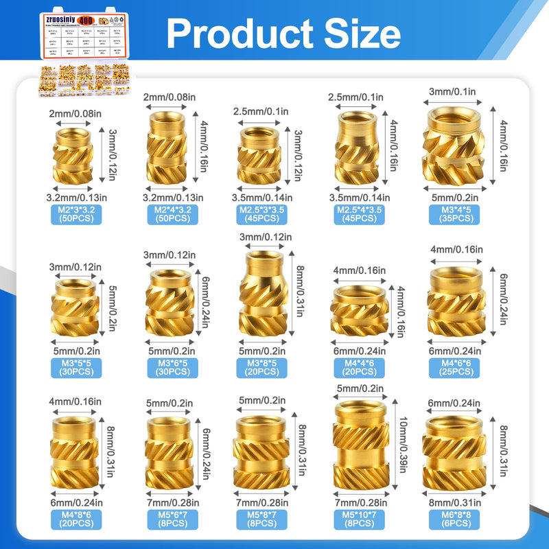 [Australia - AusPower] - 400Pcs Brass Knurled Threaded Embedment Nuts M2 M2.5 M3 M4 M5 M6, Embed Parts for Plastic and DIY 3D Printing Components, Female Thread Metric Knurled Nuts Assortment Kit 