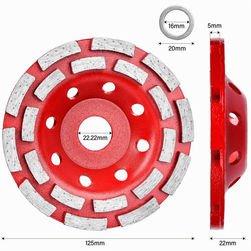 Diamond Cup Wheel 125 x 22.23 mm Double Row for Concrete Red | Diamond Grinding Pot, Cup Grinder and Grinding Wheel for Concrete, Natural Stone, Tile Adhesive, Granite, Masonry