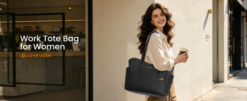 LOVEVOOK Lunch Bag for Women,2 in 1 PU Work Tote Bag with Lunch Compartment with Giant Tumbler Side Pocket, 15.6" Laptop Tote Bag with Padded Sleeve for Teacher,Nurse,College Black/Pinkish white/Dark amber 15.6 Inch