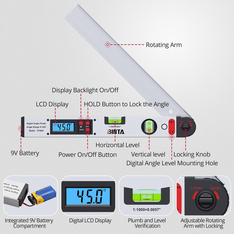 [Australia - AusPower] - BINTA Digital Angle Finder 0-225° Range, Backlit LCD Aluminum Angle Finder Tool with Horizontal/Vertical Dual Bubble Meter Storage Bag for Woodworking, Machinery, Construction, DIY(Silver) Silvery 