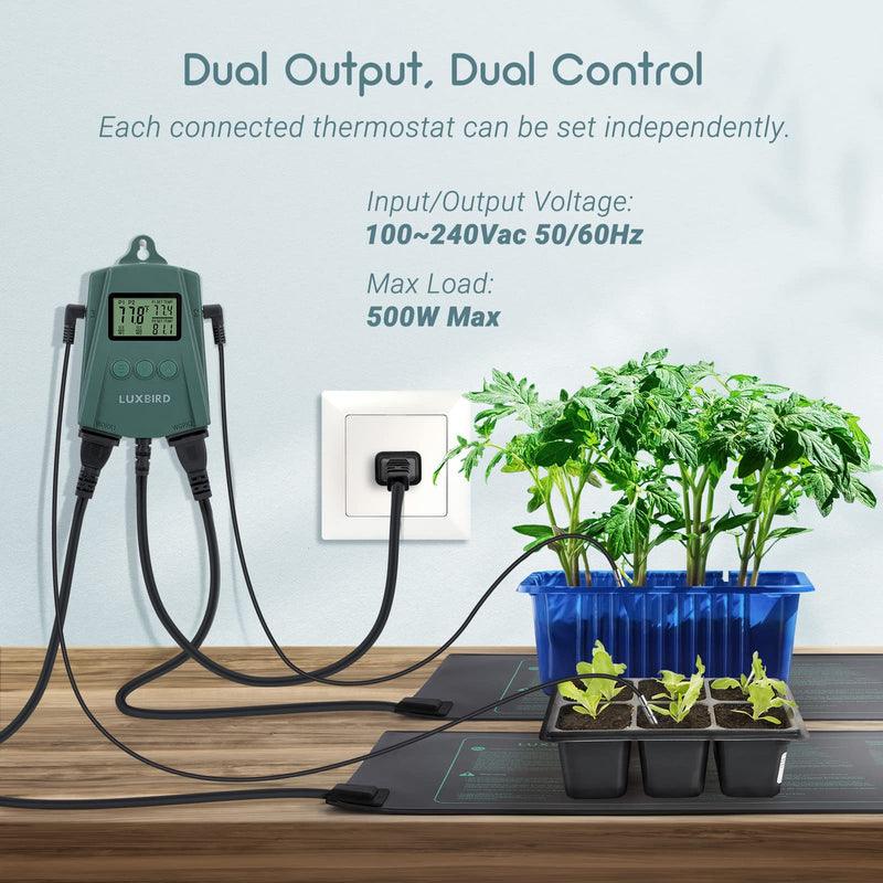 [Australia - AusPower] - LUXBIRD LB-2SC Digital Heating Mat Thermostat Controller with 2 Probes and 2 Outlets for Seedlings, Germination, Reptiles, Brewing, Breeding, Incubation, Greenhouse (Max 250W per Outlet) 