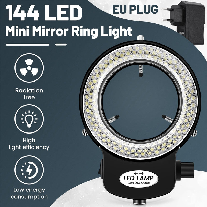[Australia - AusPower] - Tiamu LED Microscope Ring Light, Optical Stereo Microscope Ring Light, 0-100% Brightness Adjustable, 6000 K Super Microscope Camera Lamp with 144 LED Beads, Jewellery Repair Lamp (EU Plug, Black) 