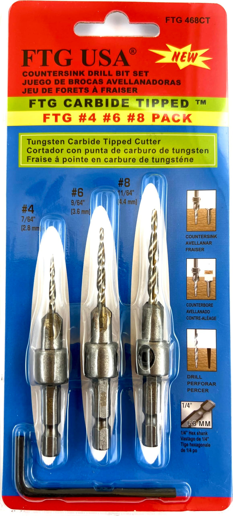 FTG USA 3 Pc #4#6#8 TCT Tapered Bit Wood Countersink Set, Standard Flute | Premium tungsten carbide tipped (TCT) cutter set for clean woodworking. Includes sharp tapered drill bits and an Allen wrench Standard Flute w/o Depth Stop