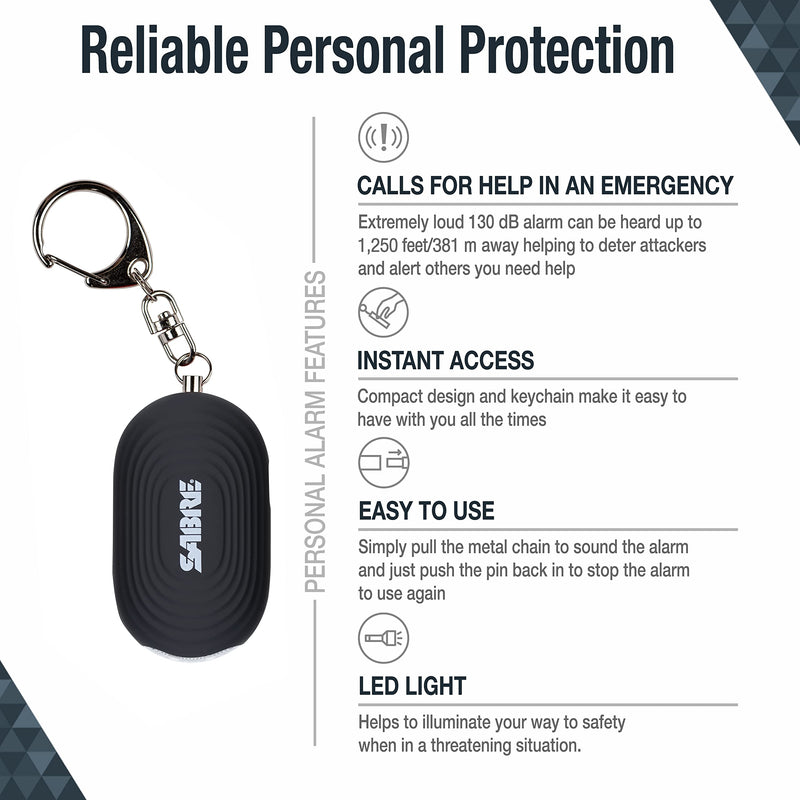 [Australia - AusPower] - SABRE 2-in-1 Personal Alarm with LED Light, 130dB Personal Safety Siren, Snap Hook for Instant Access, 1,250 Foot (381 Meters) Range, Compact Design for Easy Attachment to Purse, Bag, or Keys Black 