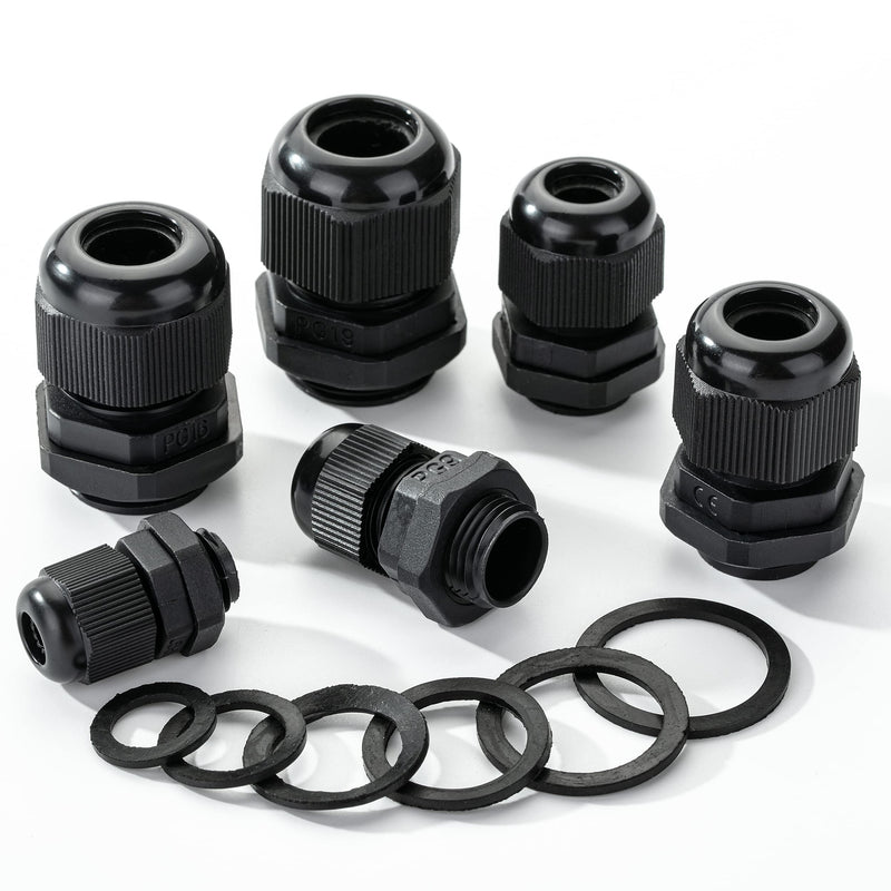 [Australia - AusPower] - Bates- Nylon Cable Gland, 50 pcs, 3-16 mm Cable Gland Connectors, PG7, PG9, PG11, PG13.5, PG16, PG19, Waterproof Cable Connector, Black Cord Grip, Plastic Cable Connector, Cable Glands Waterproof 50 Pack, PG7-PG19 