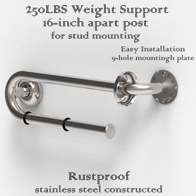 Grab Bar with Integrated Toilet Paper Holder for 2 Mega Rolls (Kitchen Paper Towel Holder or Bathroom Towel Bar), 16in Stud Mount, 250lbs Weight Support, Rustproof (Right, Brushed Nickel) Right